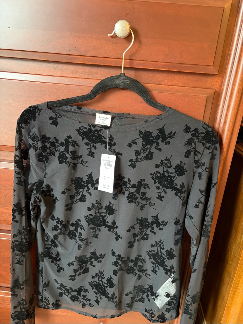 Abercrombie & Fitch Gray Long-Sleeve Floral Burnout Top
